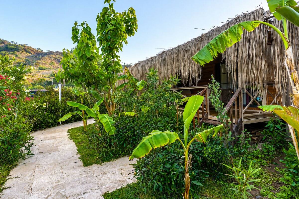 Ein Gebäude mit einem Reetdach und einer Holzterrasse, umgeben von üppiger Vegetation und einem gepflasterten Weg.