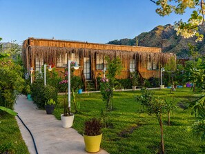 Um edifício com telhado de palha, rodeado por um jardim bem cuidado com diversas plantas e um caminho pavimentado.