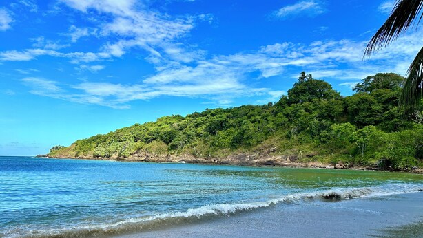 A beach with clear blue water, a sandy shore, and a forested hill in the background.