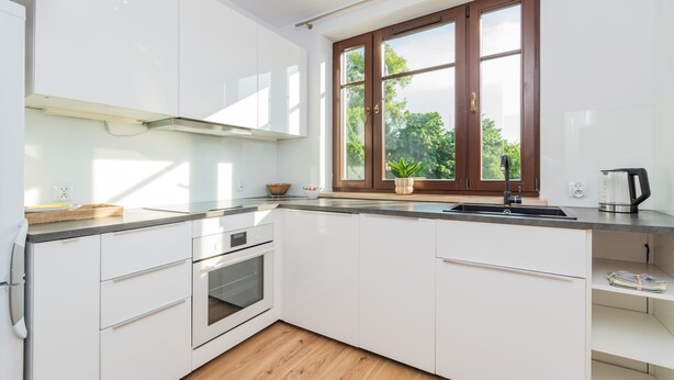 Apartamento conforto, sacada, vista para o pátio | Cozinha privada | Geladeira, fogão, cooktop, lava-louças