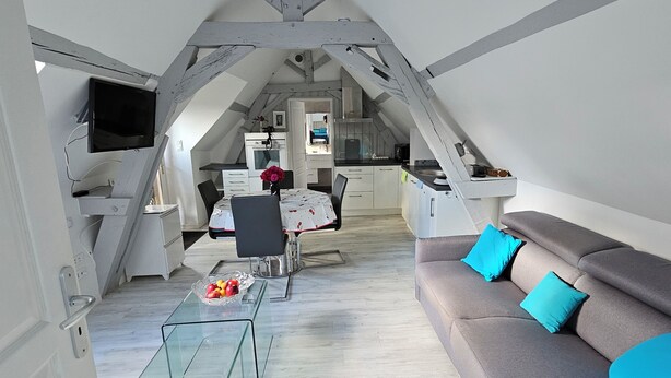 Un espace de vie de style loft comprenant un coin repas, une kitchenette et un canapé avec des coussins bleus.