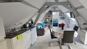 Une chambre aménagée dans les combles, avec un lit, un bureau et un coin cuisine.