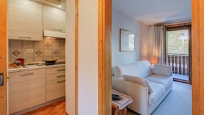A compact living space with a kitchenette, a sofa, and a balcony with a view. - Casa Ciuk (Livigno)