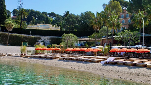 A beachside hotel with sun loungers and umbrellas, clear water, and palm trees.
