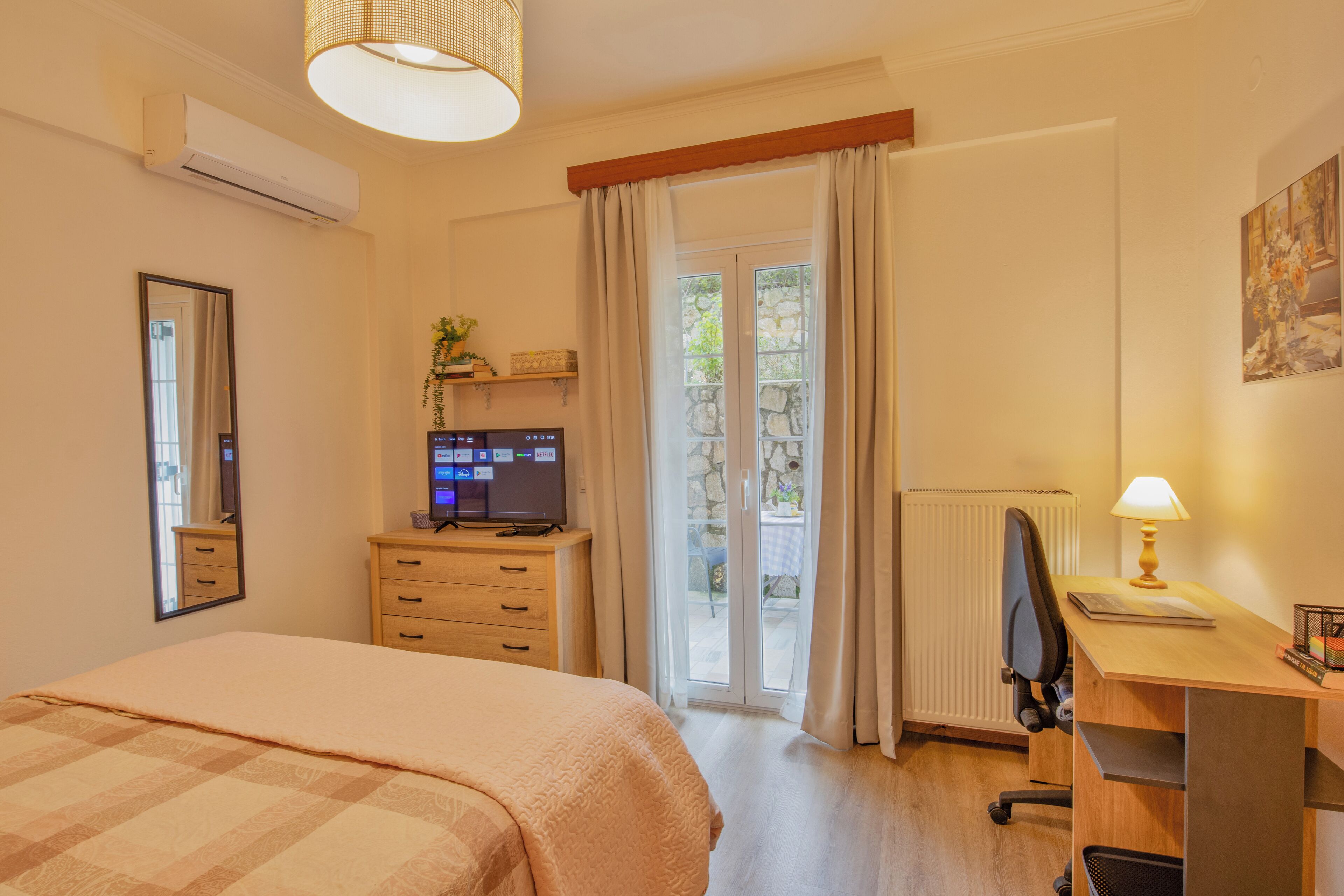 1 bedroom, desk, iron/ironing board, travel cot