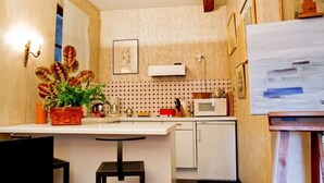 A compact kitchen with a white countertop, a microwave, a sink, and a potted plant. - Bel Appartement T1bis de Caractère Jardin Royal. Quartier des Carmes (Toulouse)