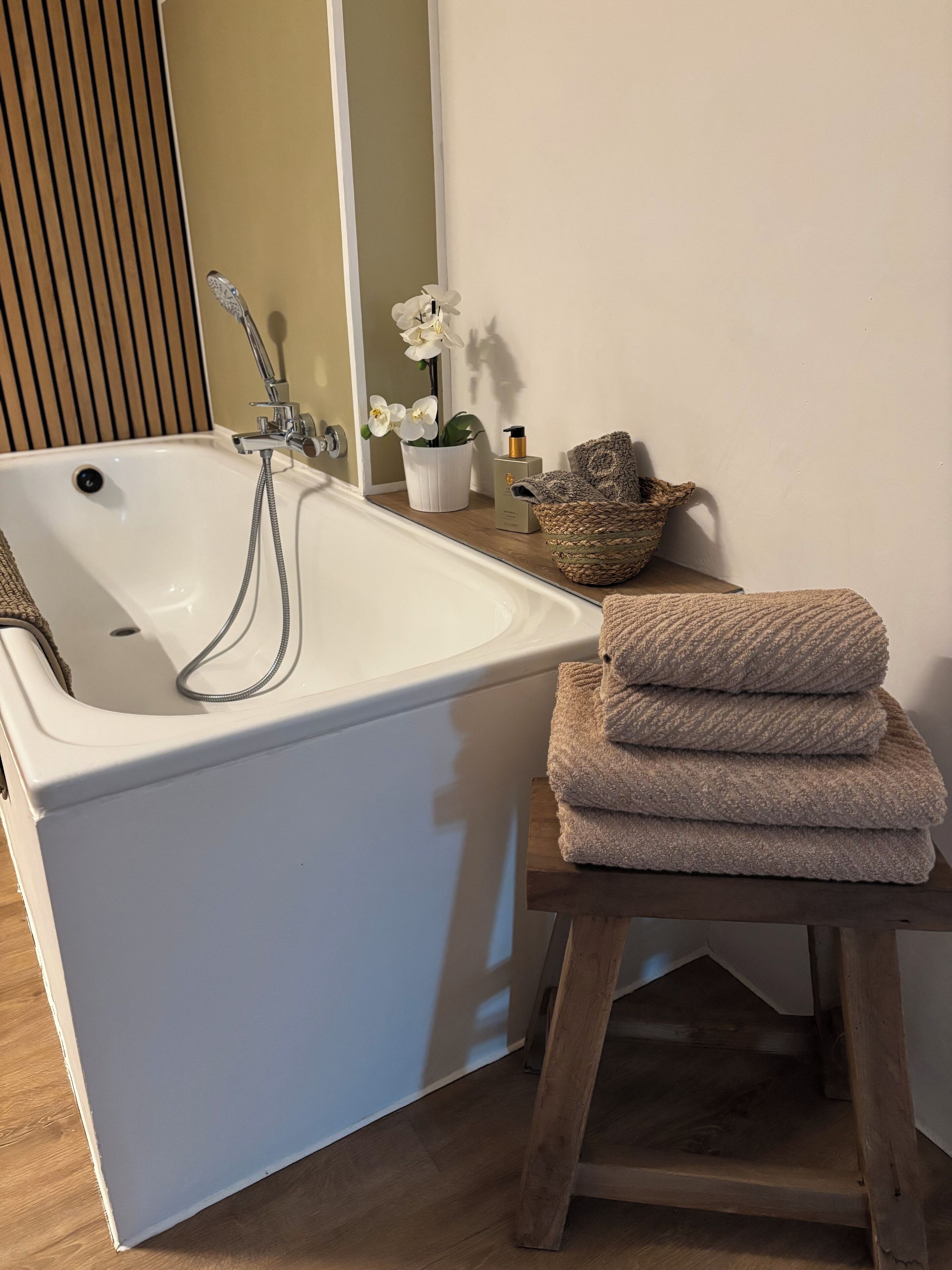 Hair dryer, towels, soap, toilet paper