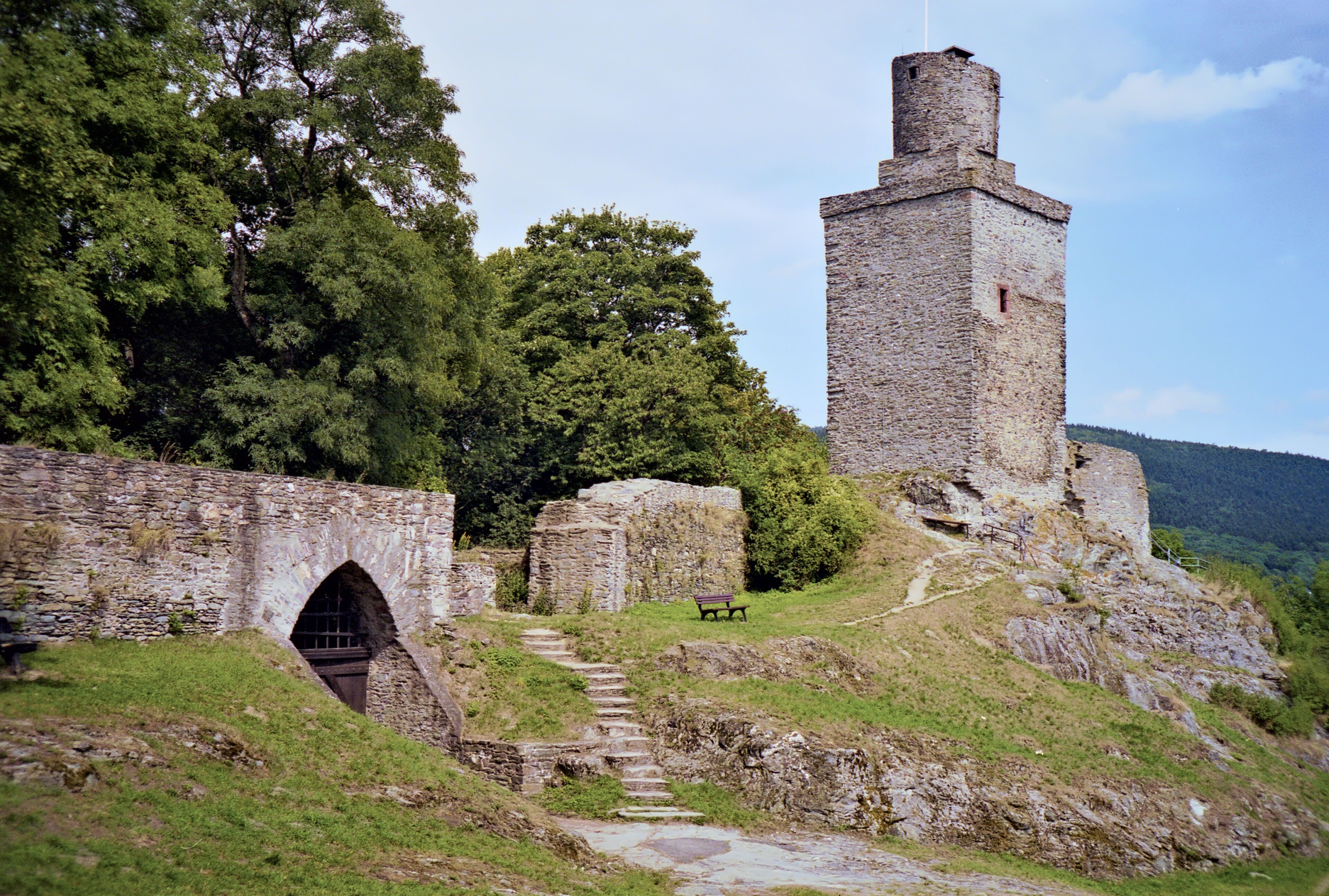 A historic stone tower with a narrow entrance, surrounded by lush greenery and a stone pathway leading up to it.