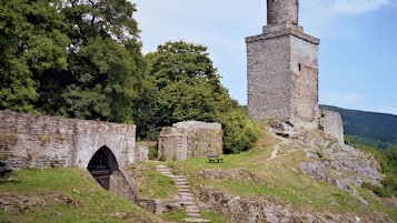 A historic stone tower with a narrow entrance, surrounded by lush greenery and a stone pathway leading up to it.