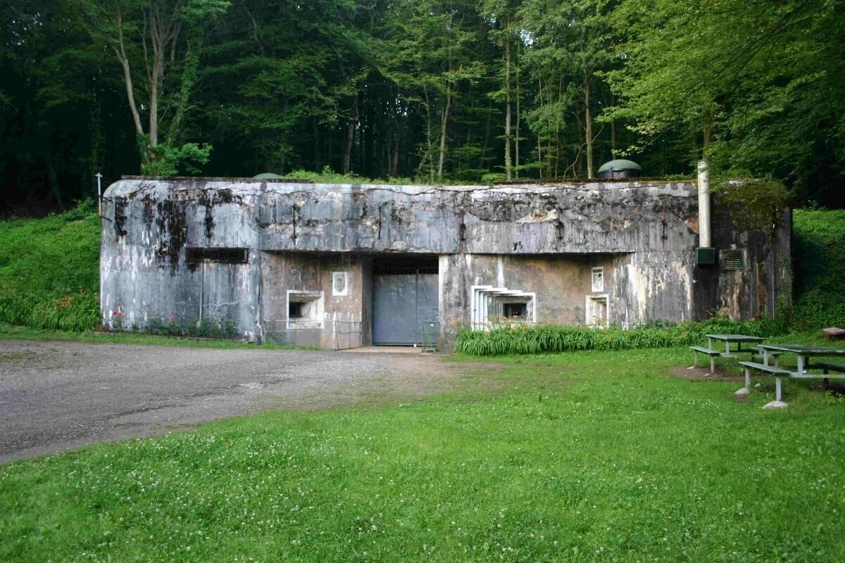A weathered concrete structure with multiple doors and windows, surrounded by a grassy area and trees.