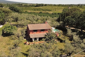 A red-roofed house with a swimming pool, surrounded by dense greenery and trees. - Casale Pontarello (Vetralla)