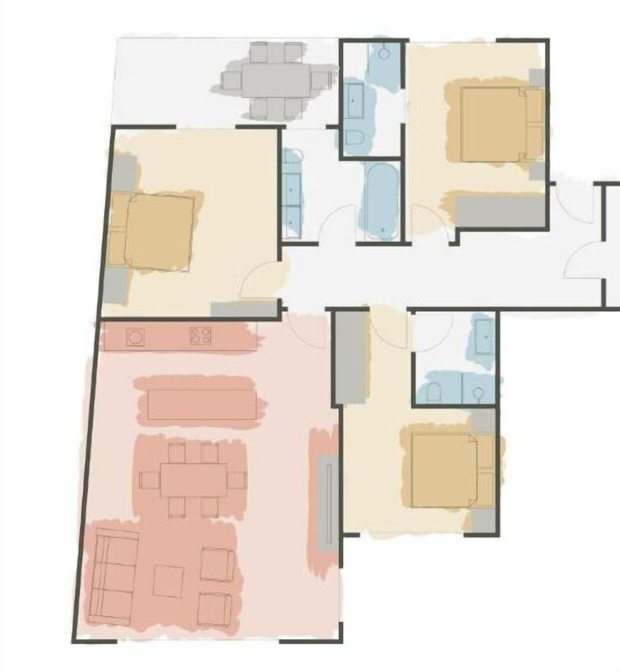 A hotel floor plan with multiple rooms, including a dining area, a kitchen, and several bedrooms.