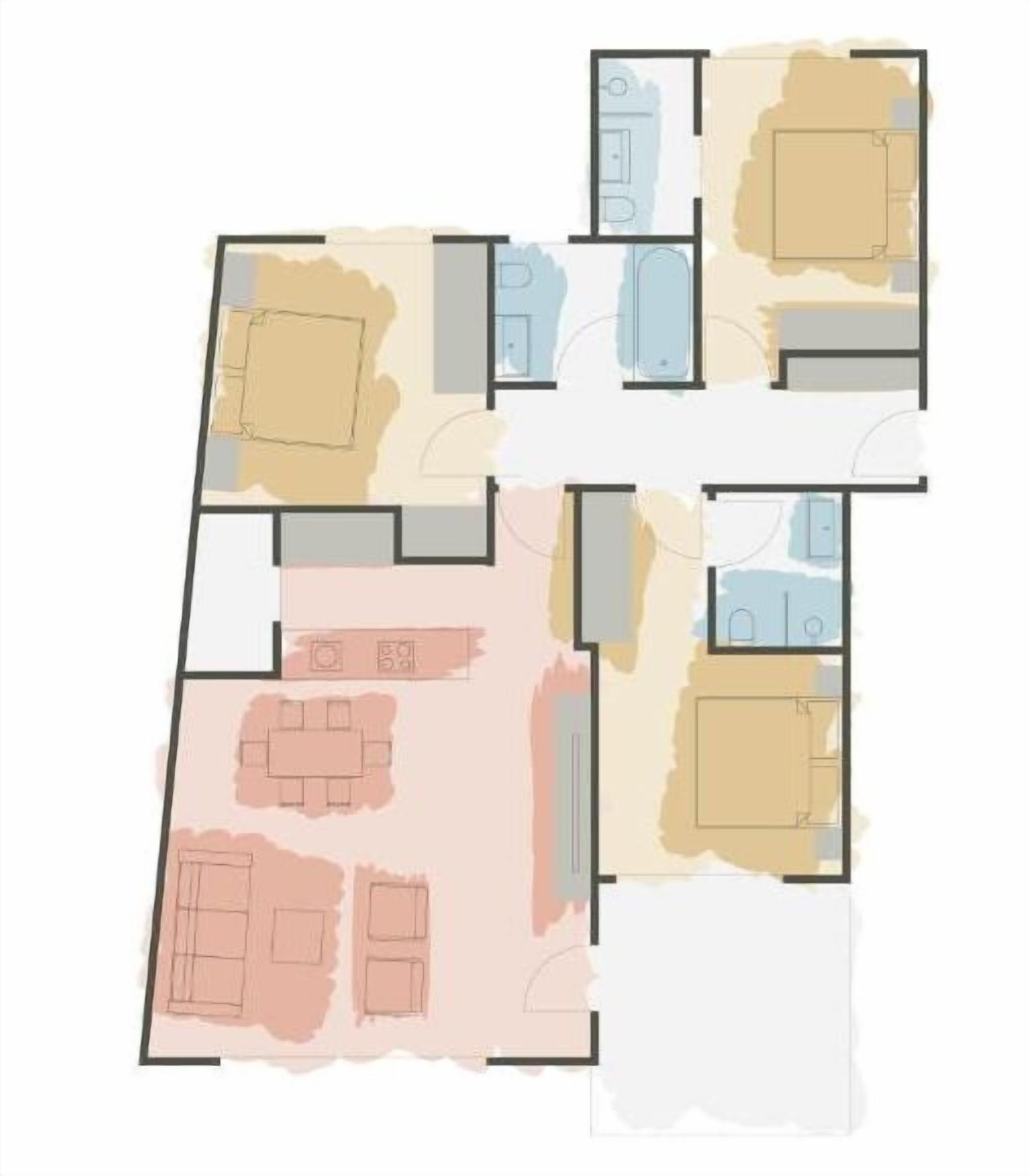 A floor plan with a living room, kitchen, two bedrooms, and a bathroom.