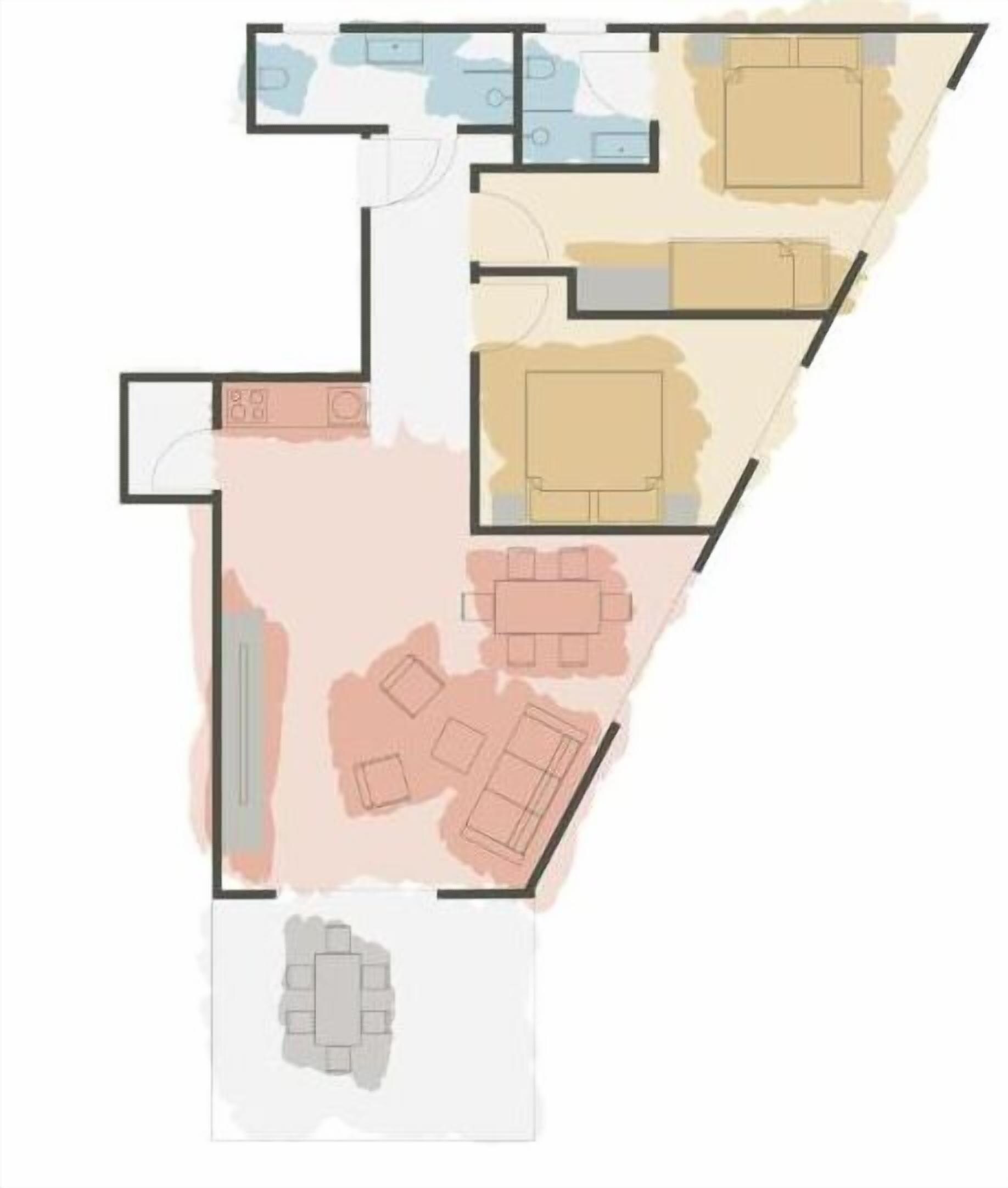 Een plattegrond met verschillende kamers, waaronder een keuken, een eetruimte en woonvertrekken.
