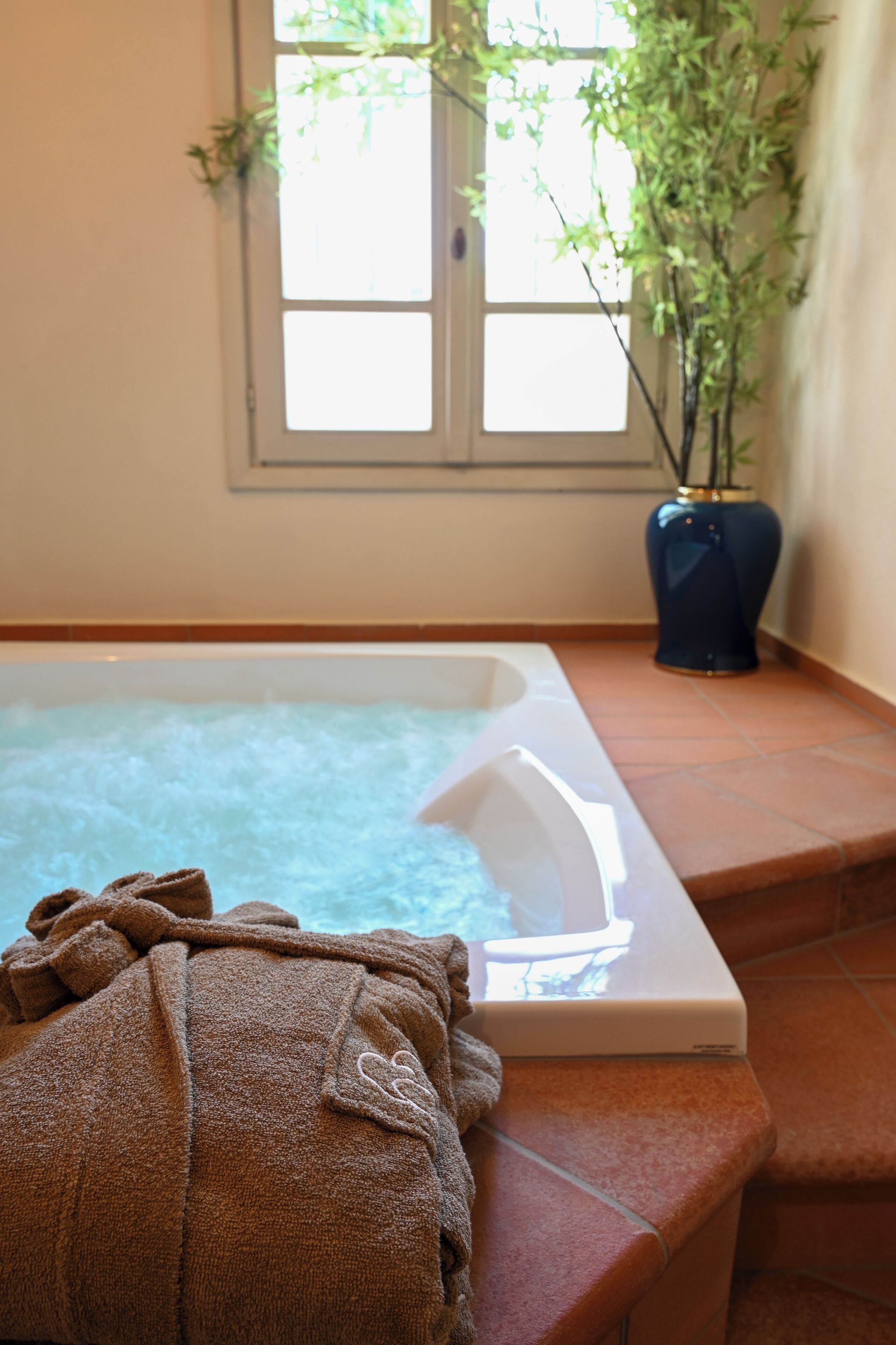 A hot tub with a towel on the edge, a window with a plant, and a tiled floor.
