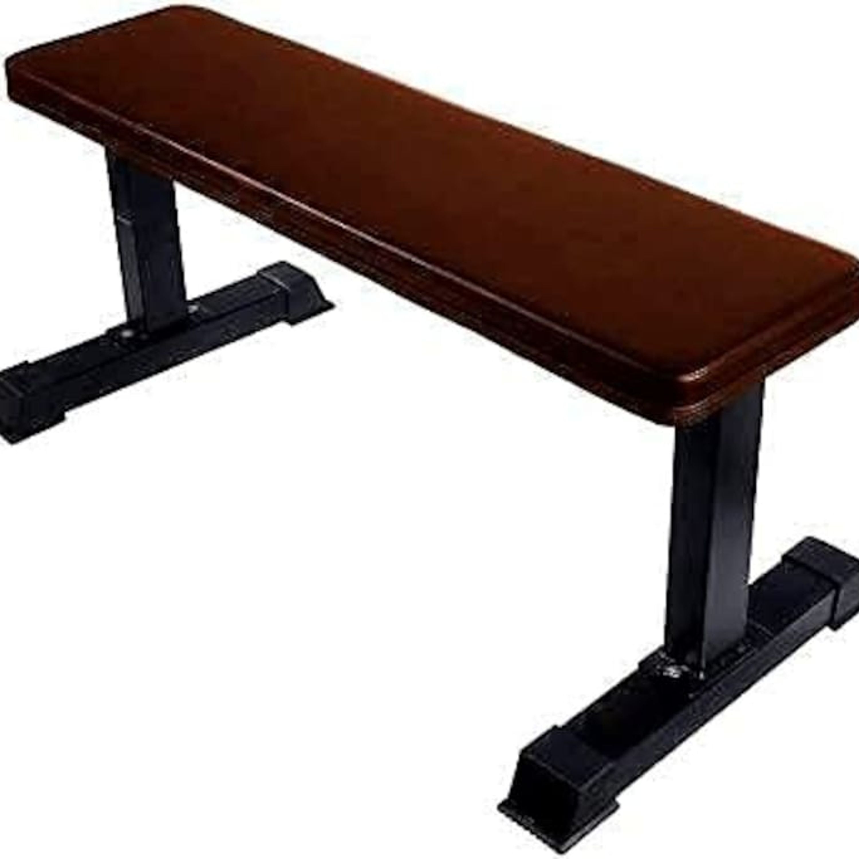Banc amb seient de fusta i potes metàl·liques negres.