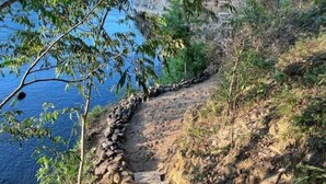 A stone pathway leading to a body of water, surrounded by greenery and rocks.