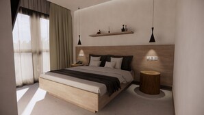 A modern bedroom with a large bed, bedside tables, a nightstand, a wooden headboard, a small wooden stool, and a shelf with decorative items. - Moonlight Hotel (Santorini)