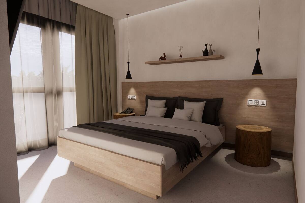 A modern bedroom with a large bed, bedside tables, a nightstand, a wooden headboard, a small wooden stool, and a shelf with decorative items.