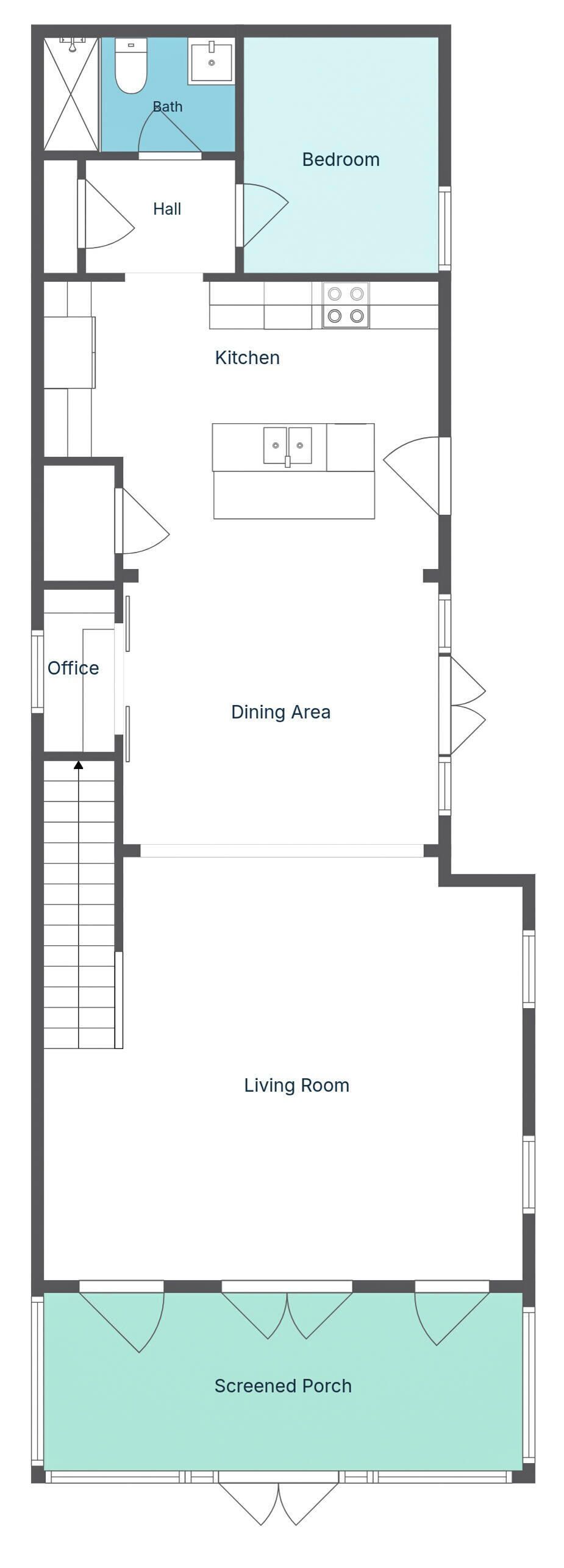 A floor plan with a bedroom, bathroom, kitchen, dining area, office, living room, and screened porch.