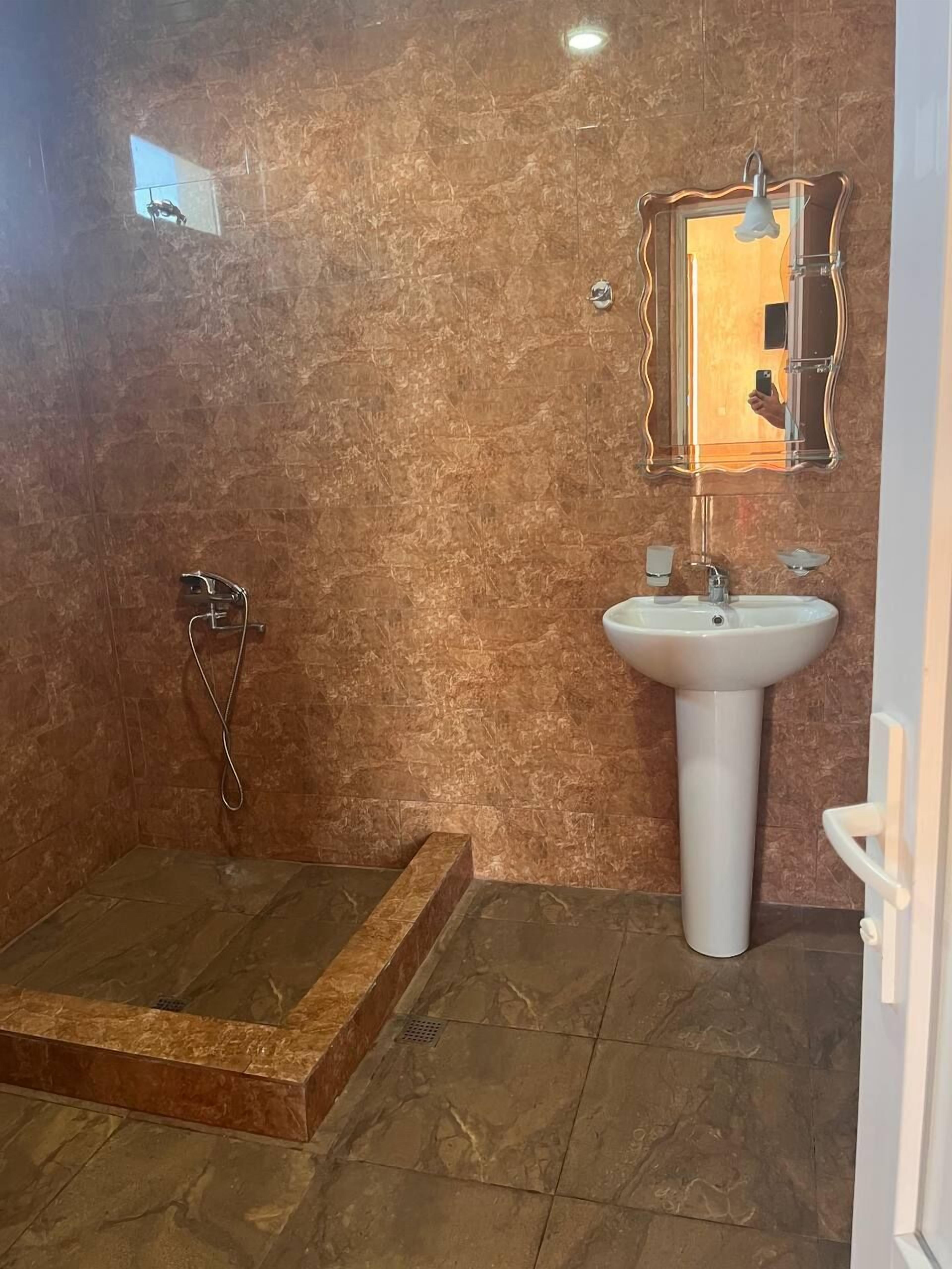 Une salle de bain avec une douche, un lavabo et un miroir.