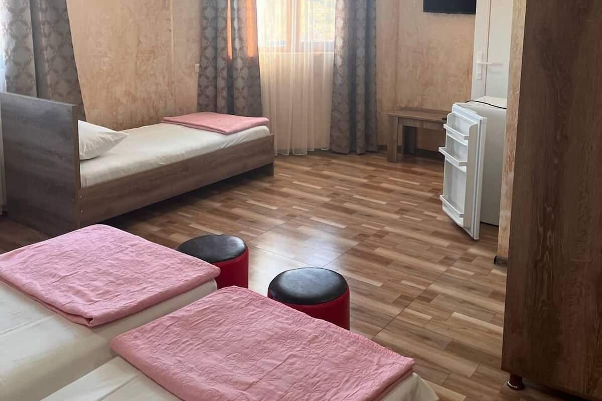 A room with two beds, a sofa, a small table, a TV, and an air conditioning unit.