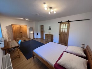 1 bedroom, desk, iron/ironing board, travel cot