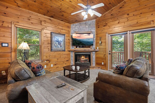 Fernseher, Kamin, DVD-Player, Stereoanlage