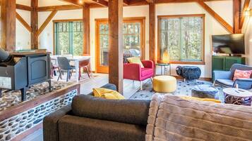 TV connectée, cheminée, livres