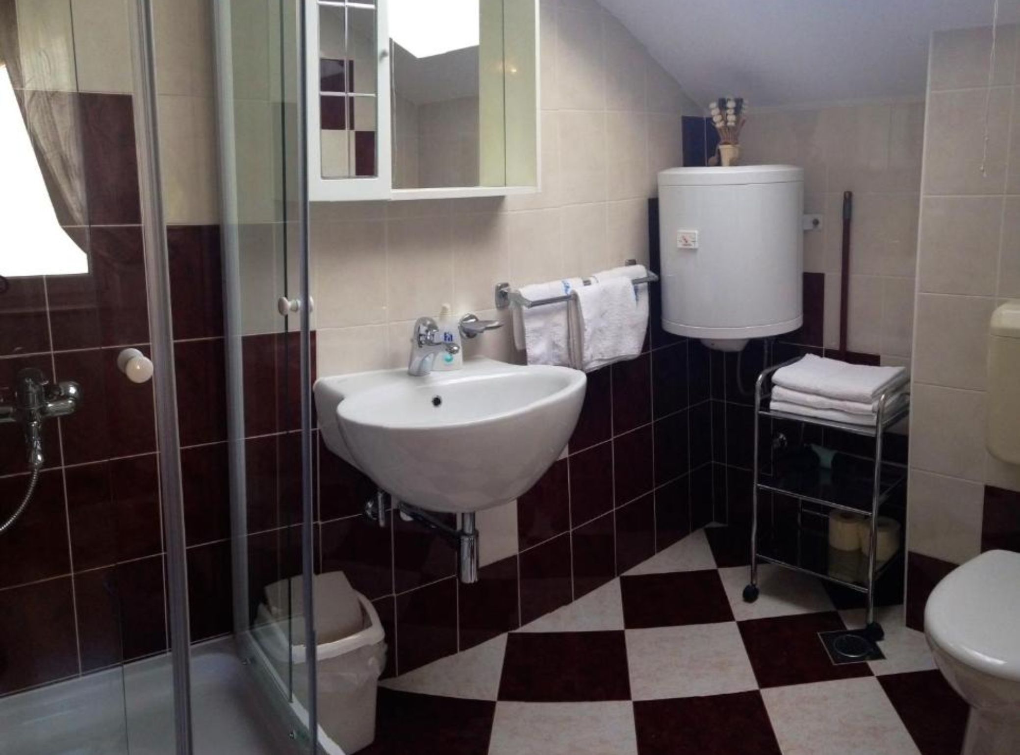 Une salle de bain avec une douche à parois de verre, un lavabo blanc, des toilettes et un porte-serviettes.
