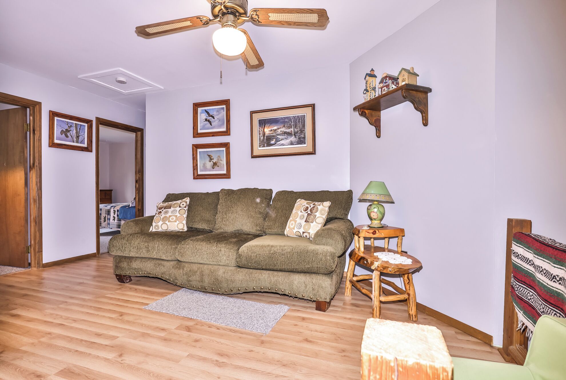 A cozy living room with a green sofa, a wooden coffee table, and a ceiling fan.