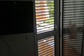 A room with a large window with horizontal blinds, a television mounted on the wall, and a visible outdoor area with greenery. - Maja studio 3 (Vir)