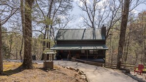 A rustic cabin with a metal roof, surrounded by trees, and accessible by a paved path.