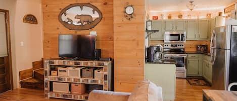 Smart TV, fireplace, table football, books