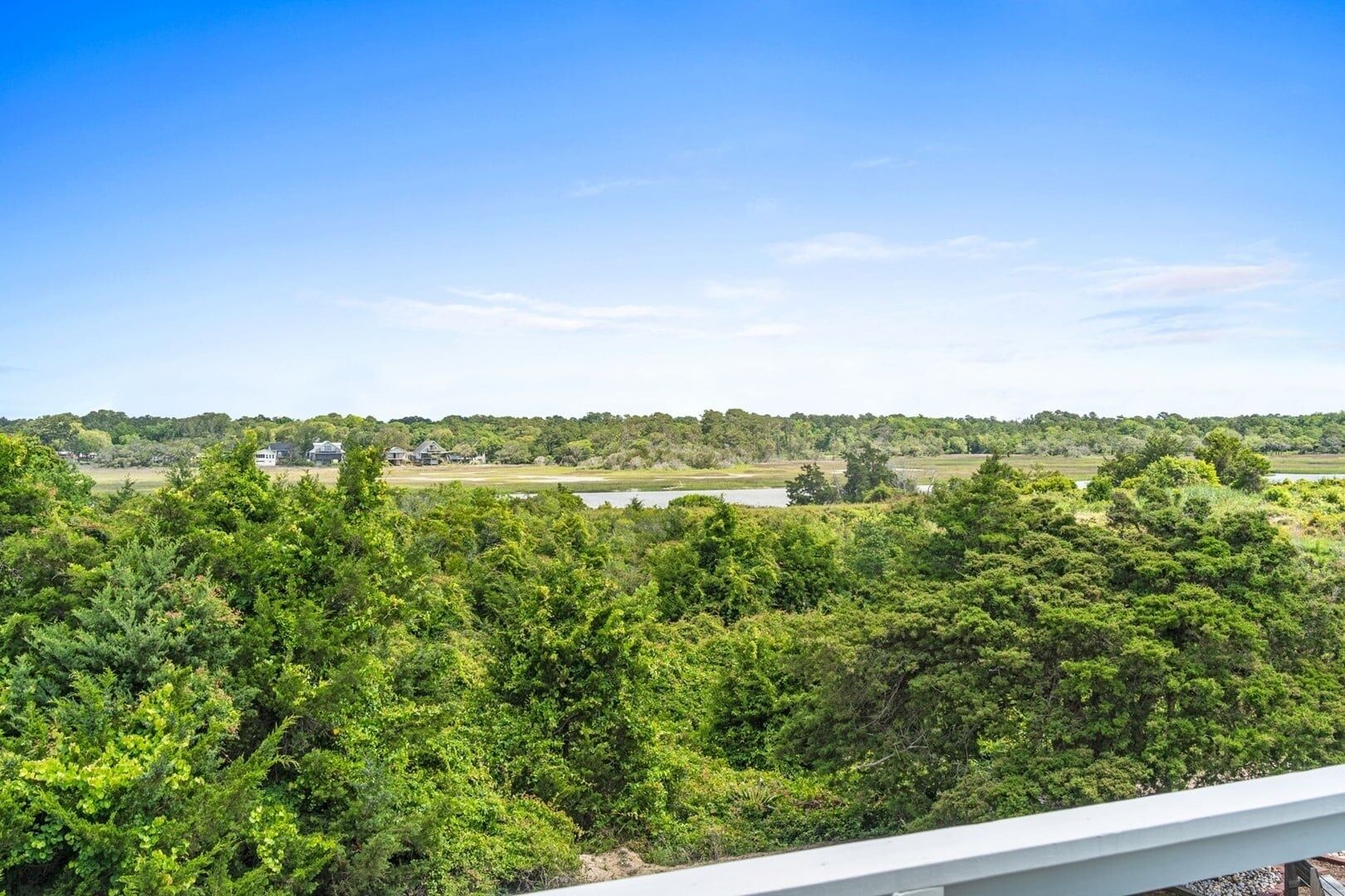 A view from a balcony overlooking a lush green landscape with a body of water and distant buildings.