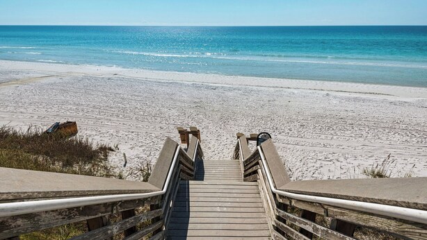 A wooden boardwalk leading to a beach with a clear view of the ocean. - Dog Friendly @ Bungalows at Seagrove; 2 Blocks to Beach ~ Overlooks Pool/spa (Santa Rosa Beach)