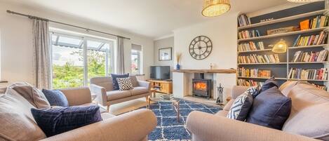 Fernseher, Kamin, DVD-Player, Bücher