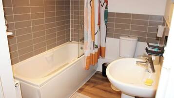Hair dryer, towels, soap, toilet paper