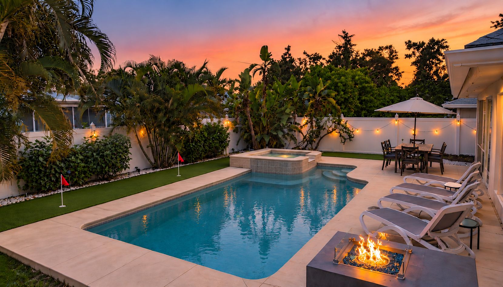 A swimming pool with a hot tub, surrounded by palm trees and a patio area with chairs and a table.