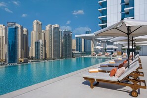 A rooftop pool with lounge chairs and umbrellas, overlooking a cityscape with high-rise buildings.