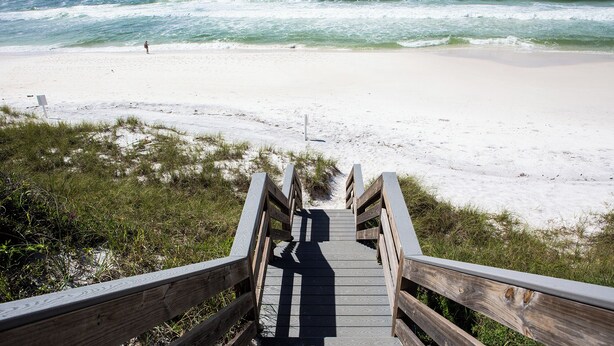 A wooden boardwalk leading to a sandy beach with ocean waves in the background. - Gulf Front in Seagrove - Amazing Views - Easy Beach Access, Pool (Santa Rosa Beach)