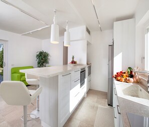 Fridge, microwave, oven, dishwasher