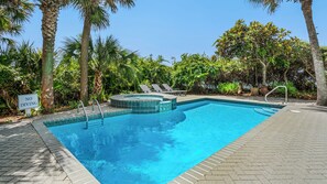 A swimming pool with a 'NO DIVING' sign, surrounded by palm trees and lounge chairs. - Gulf Front With Private Pool, Sleeps 21, Amazing Decks, Free Beach Setup! (Santa Rosa Beach)