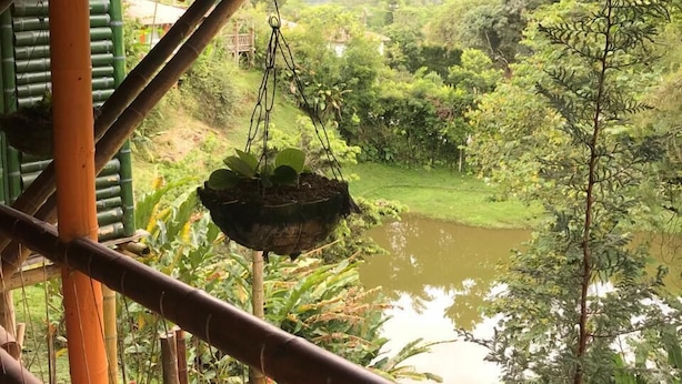 A rustic wooden structure with a view of a lush green landscape and a body of water. - Ecocabañas Pereira (Pereira)