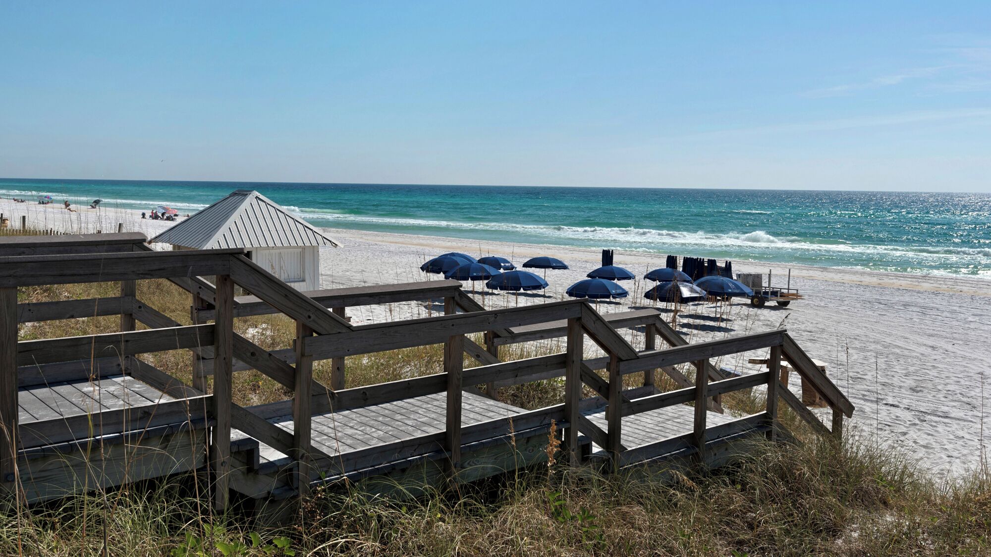 A wooden boardwalk leading to a beach with umbrellas and a lifeguard station.