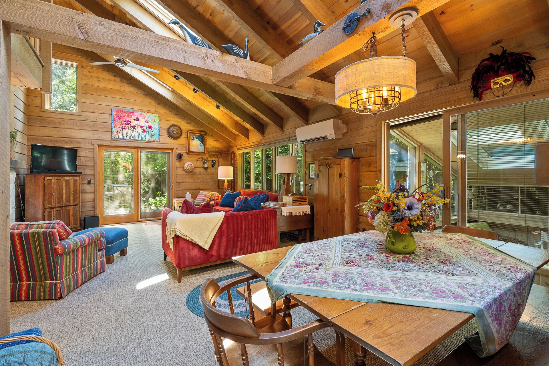 Älytelevisio, takka, kirjoja, musiikkikirjasto