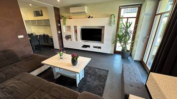 Smart TV, fireplace, video games, DVD player