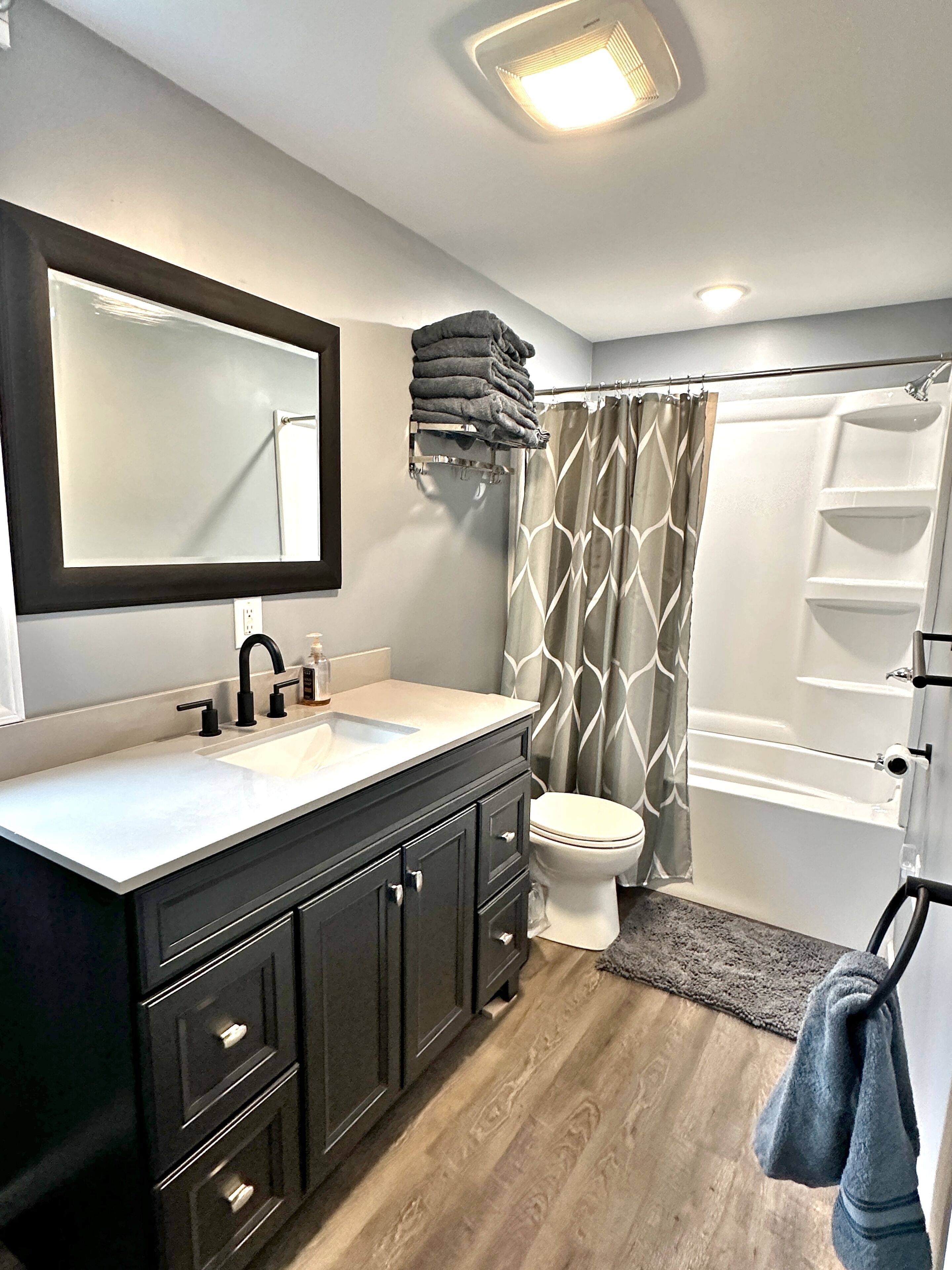Hair dryer, towels, soap, shampoo
