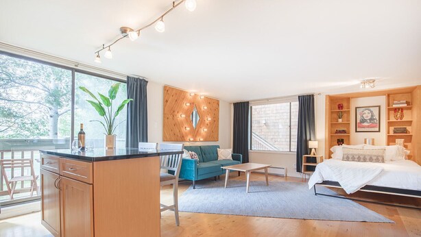 A modern living room with a kitchen area, a dining table, a sofa, and a bed. - Sunnyside Studio w/ hot tub! (Telluride)