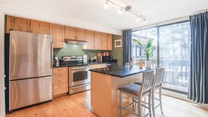A modern kitchen with stainless steel appliances, wooden cabinets, and a large window offering a view of the outdoors. - Sunnyside Studio w/ hot tub! (Telluride)